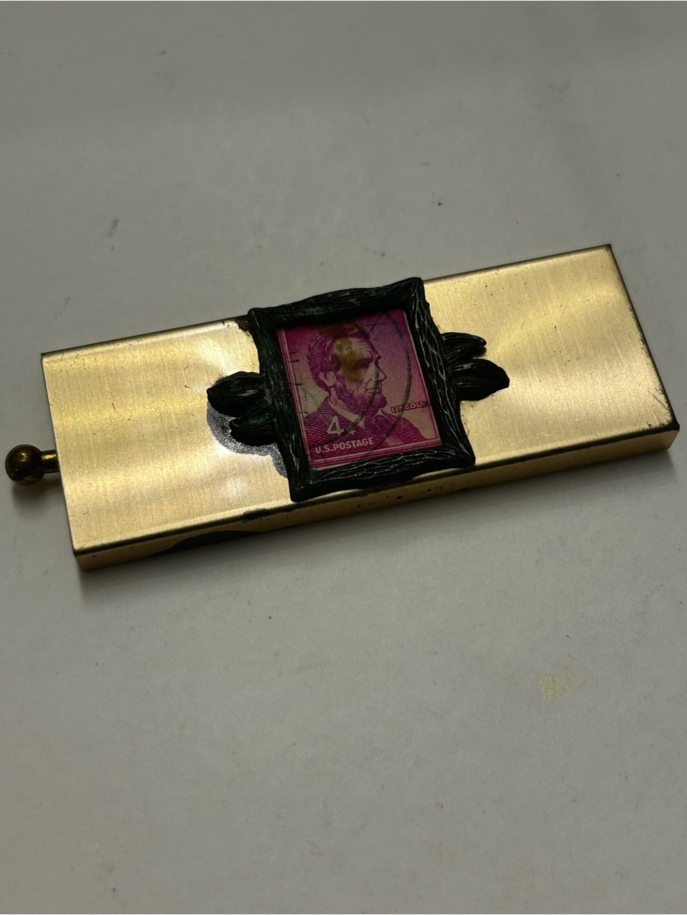 Vintage Lincoln Stamp Holder Trinket Box Gold Tone